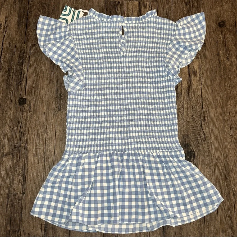 NWT Market & Spruce Light Blue & White Gingham Short Sleeve Smocked Blouse Small - Picture 2 of 12